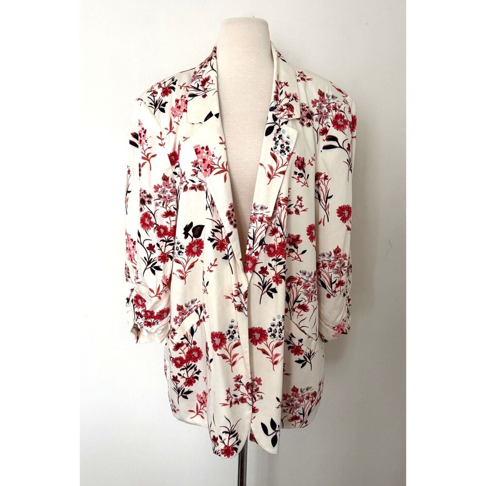 Worthington Sasha Floral Blazer 3/4 Ruched Sleeve Light Shoulder Pad Office XXL - Picture 2 of 11
